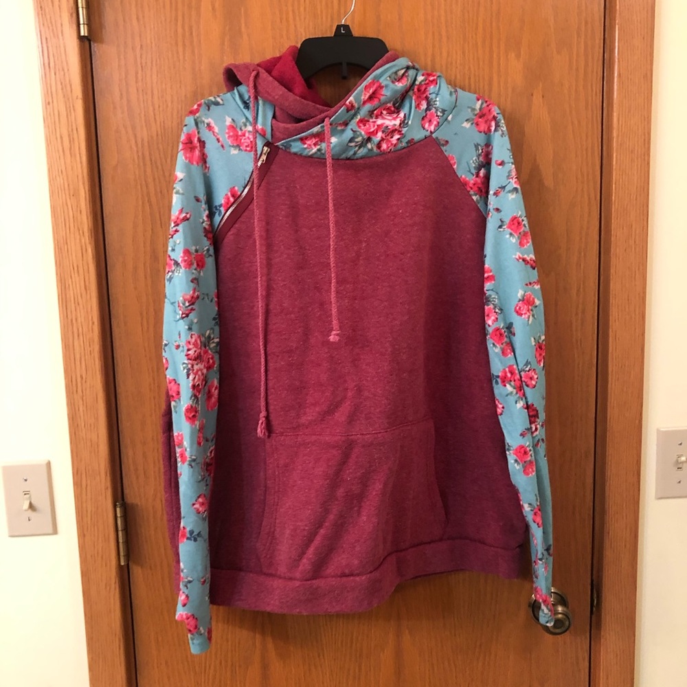 Deep Red and Floral Hooded Sweatshirt